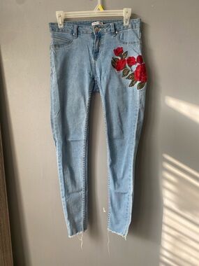 Light Wash Jeans with Red Floral Embroidery